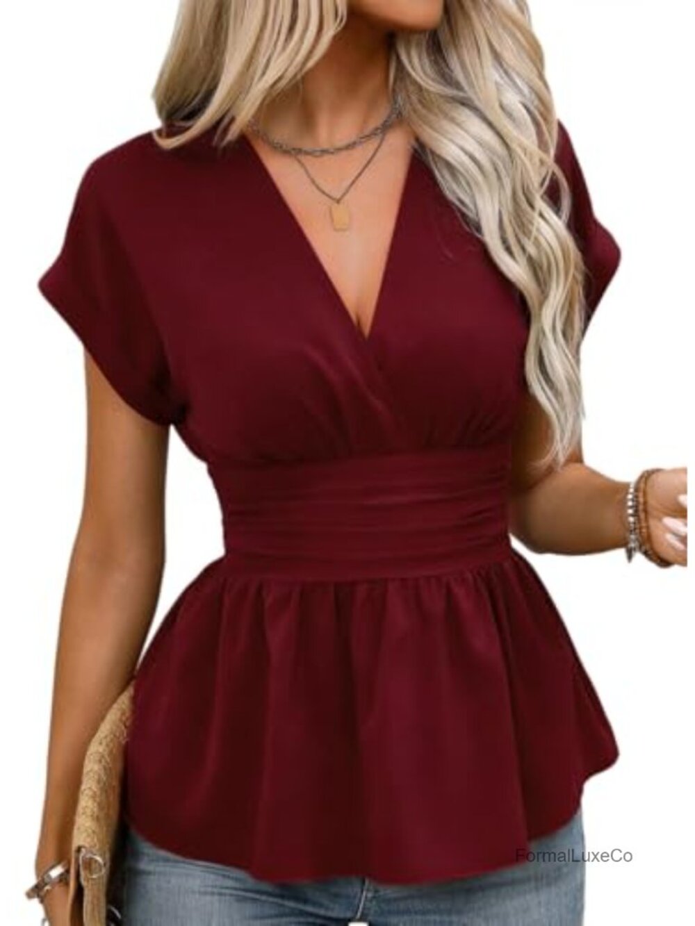 Cap Sleeve V Neck Peplum Top Cinched Waist Business Casual Blouse
